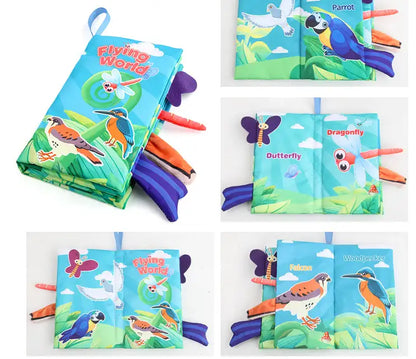 Baby cloth book with flying animals and interactive sensory features