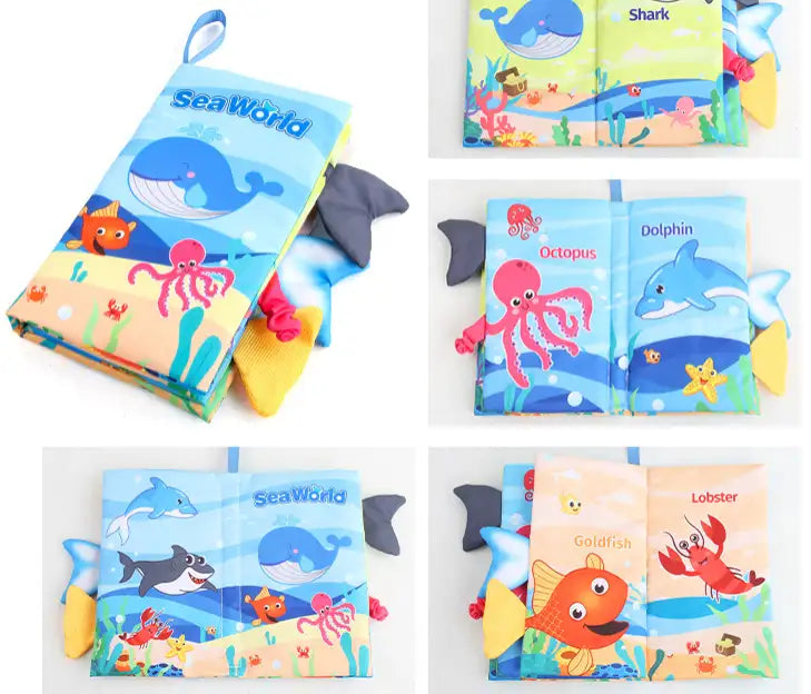 Soft baby cloth book featuring forest animals and tactile textures