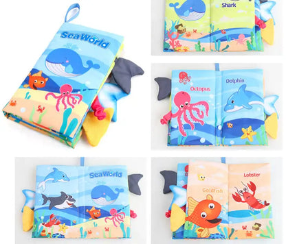 Soft baby cloth book featuring forest animals and tactile textures