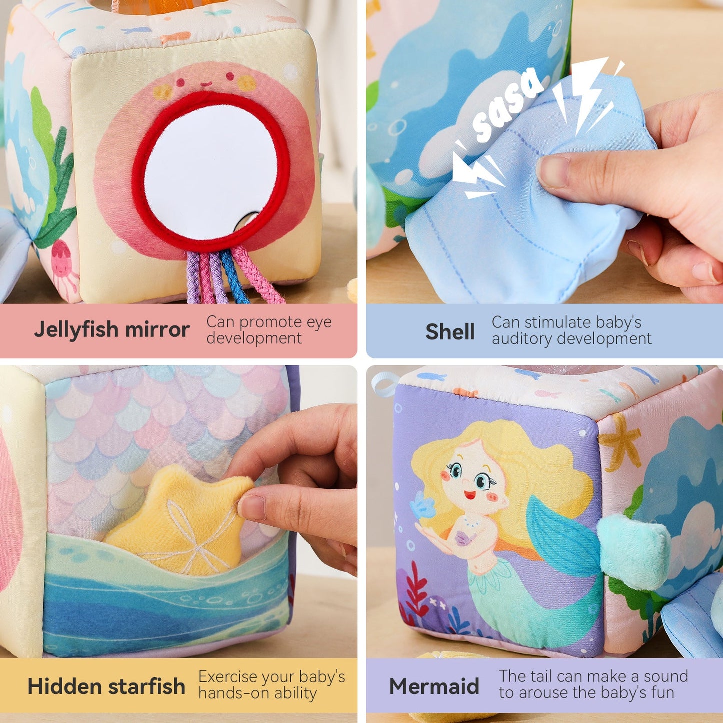 Baby pulling soft fabric tissues from sensory tissue box toy