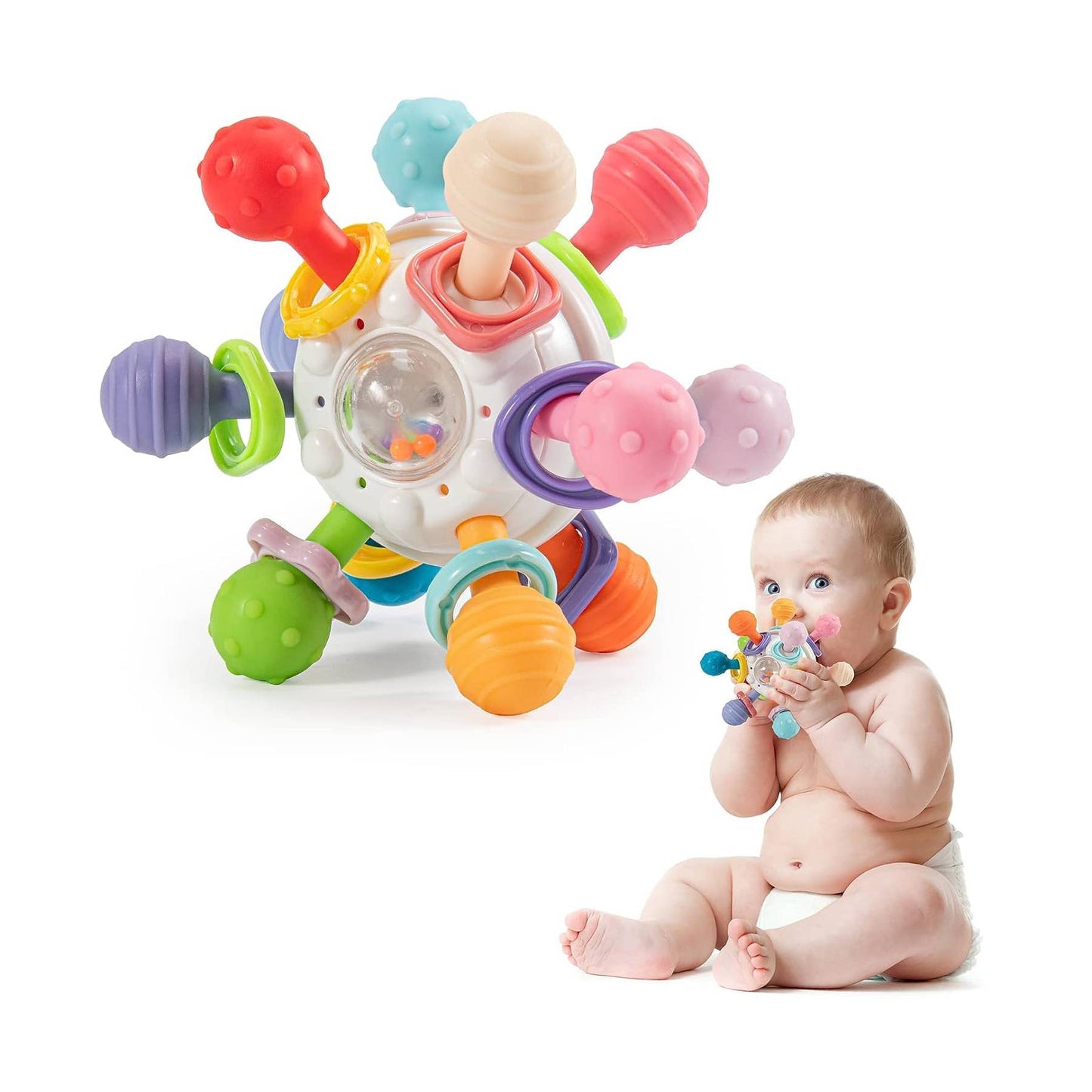 5-in-1 baby sensory toy with teether and rattle
