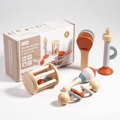 Baby shaking wooden rattle toy for sensory play and sound discovery