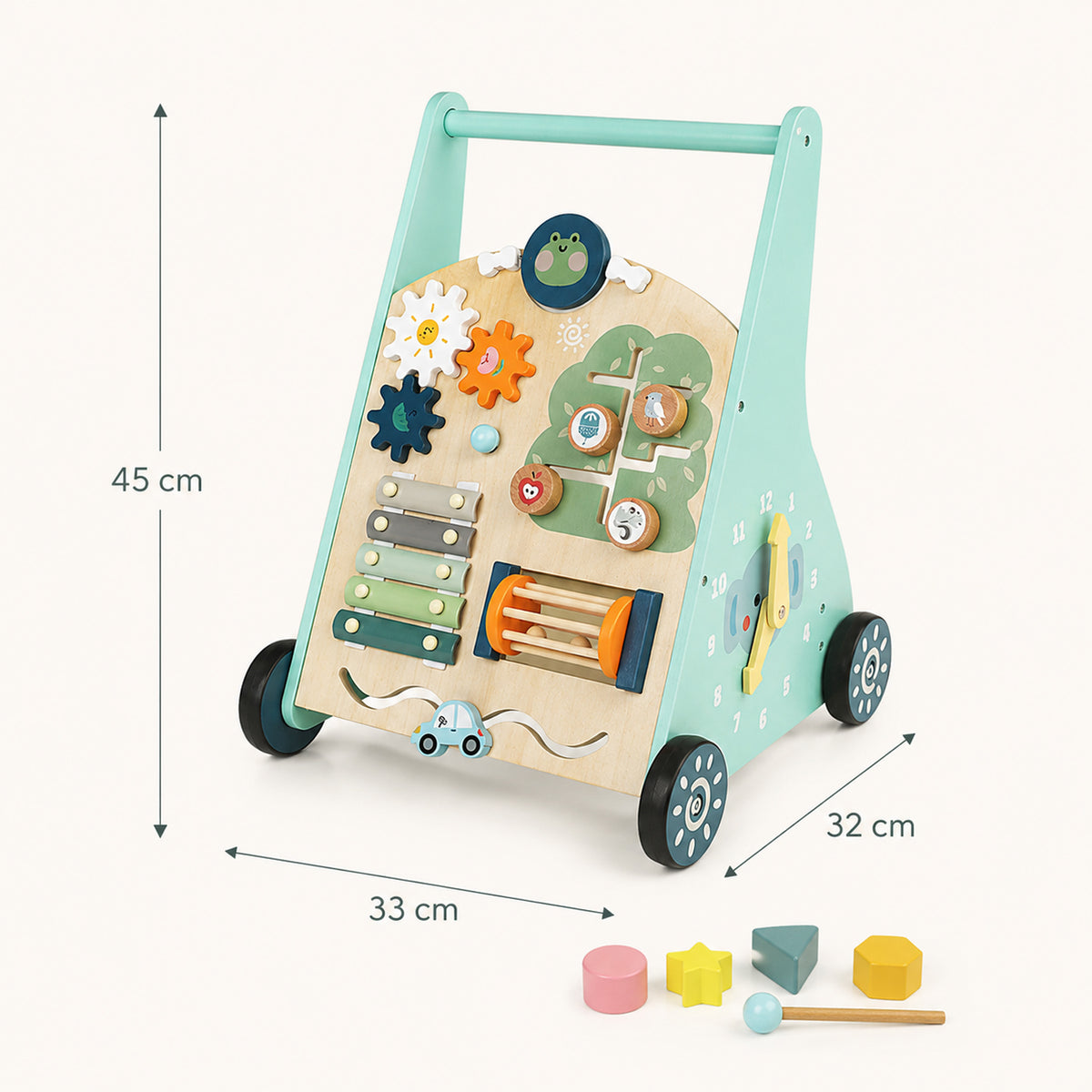 Baby walker with movable toys for fine motor skill practice
