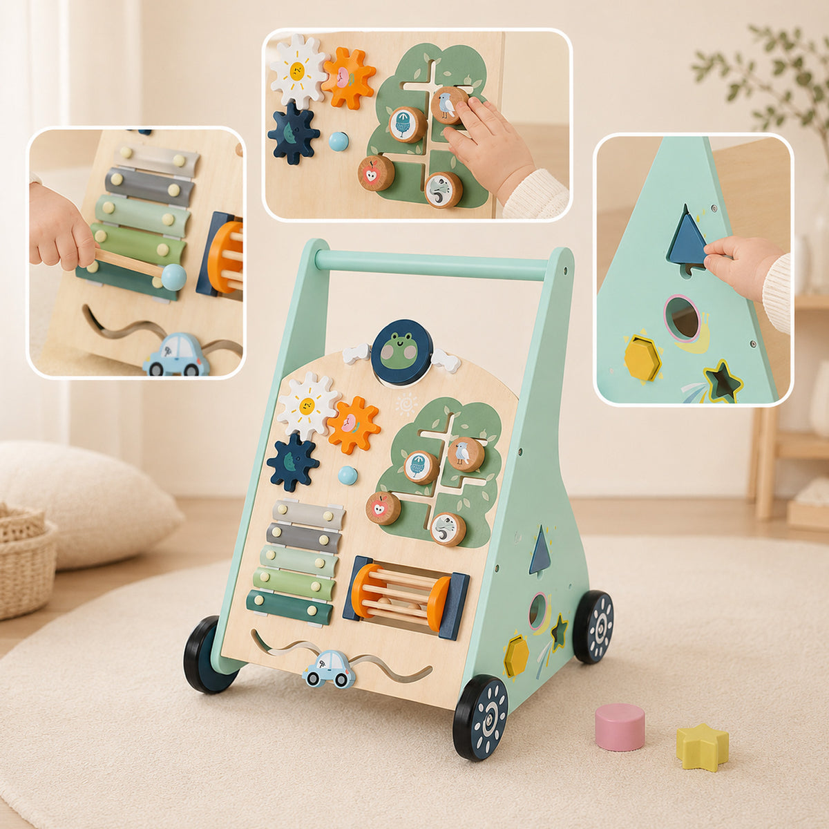 Baby walker activity panel with xylophone mirror and spinning gears