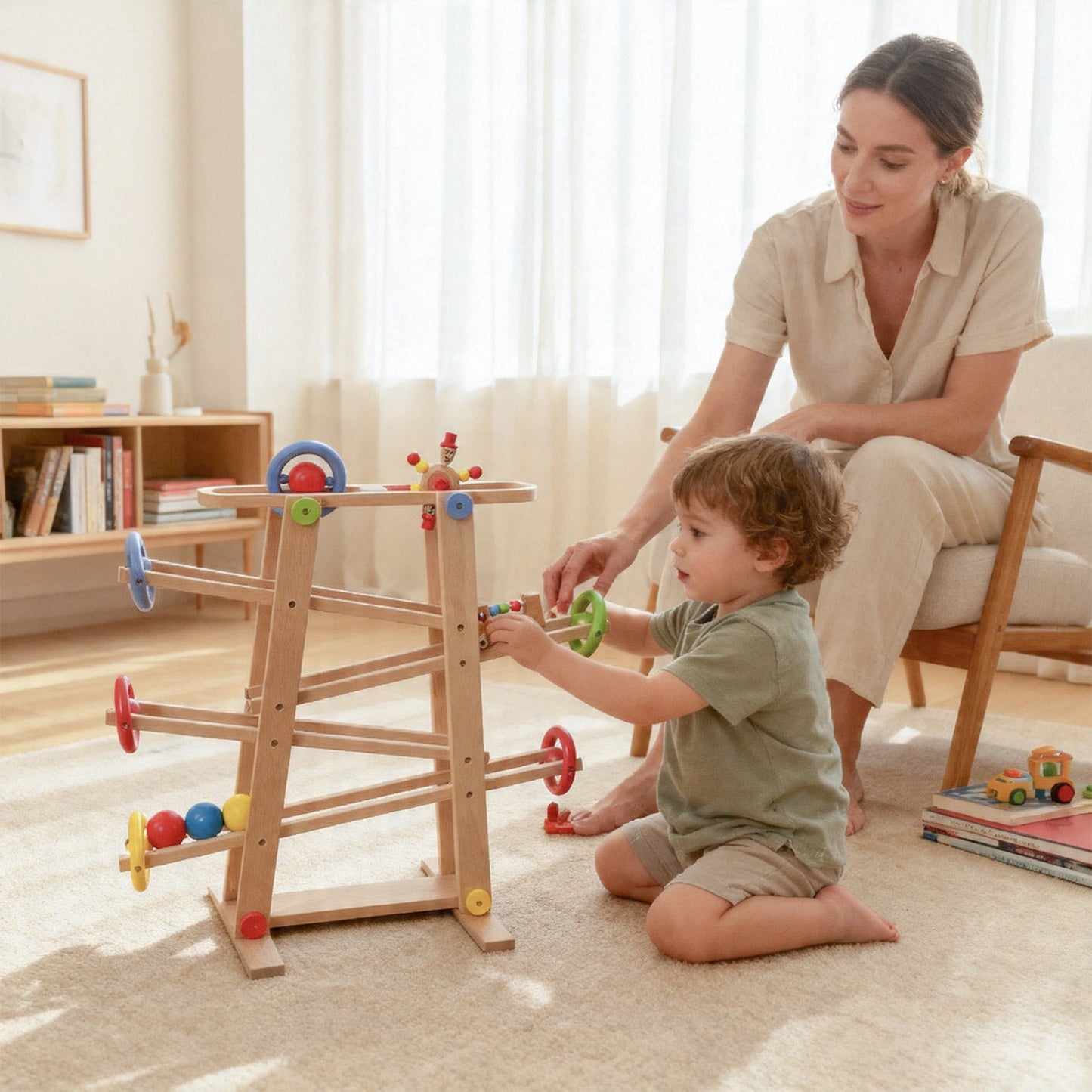 Close up detail of smooth beech wood Montessori marble run