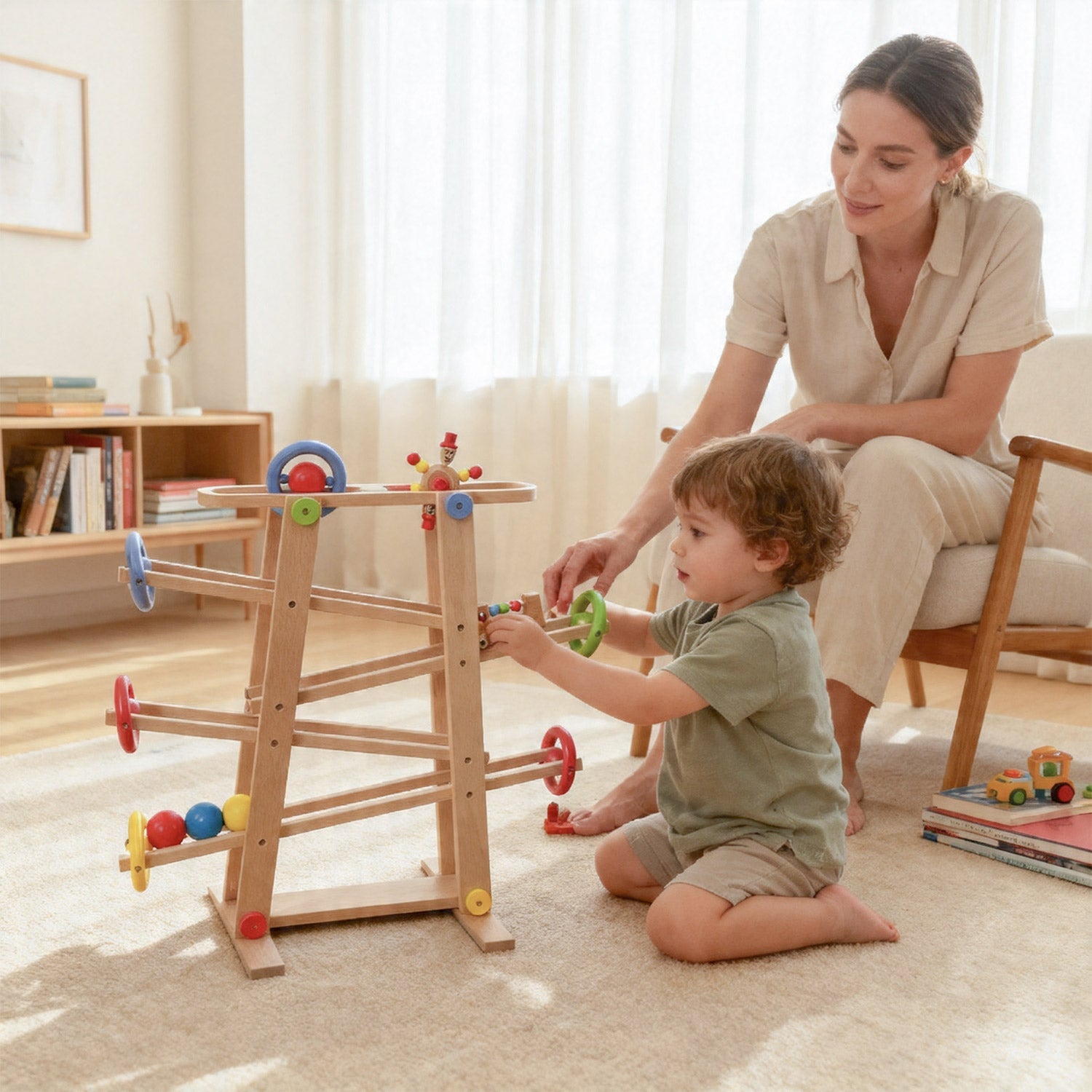 Close up detail of smooth beech wood Montessori marble run
