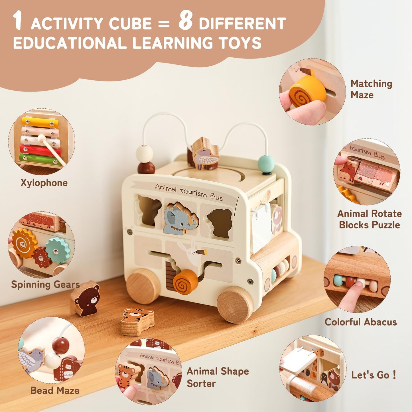 Beige Montessori Busy Bus educational toy for toddlers
