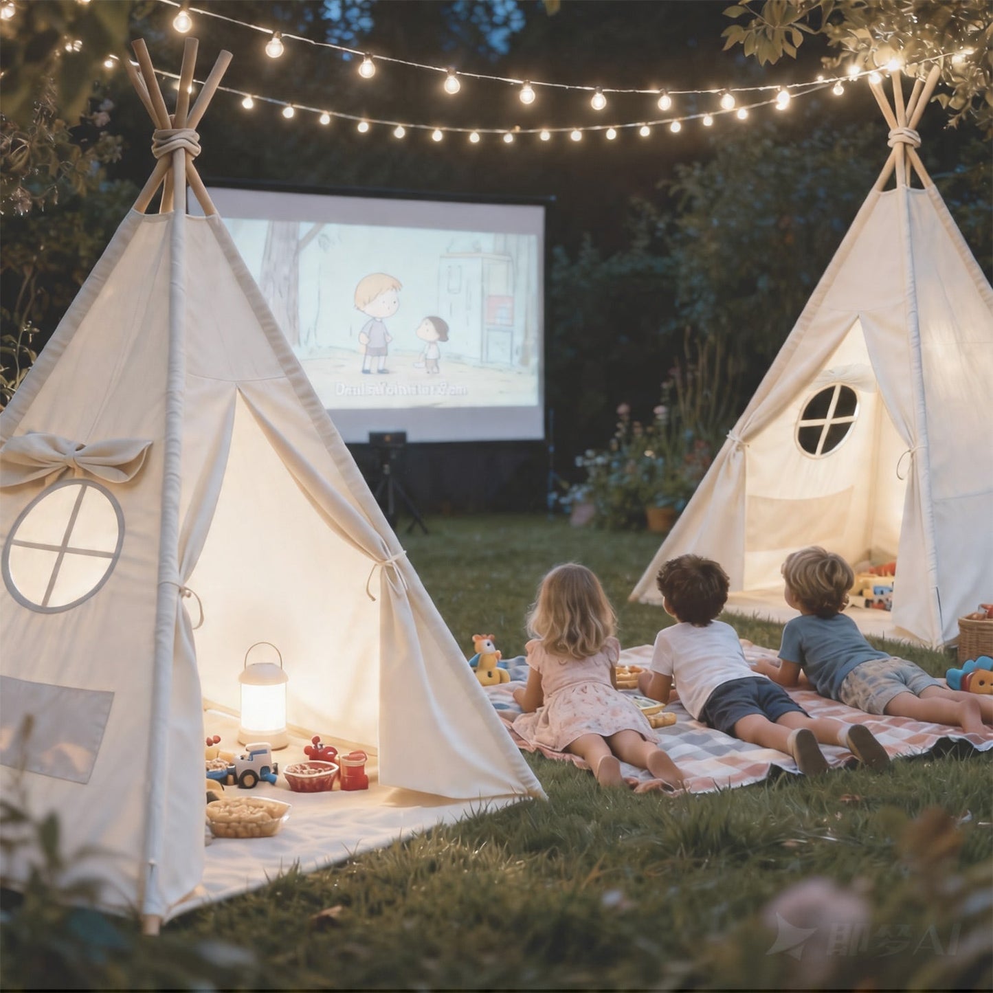 Beige toddler teepee tent with natural wooden poles and simple assembly design