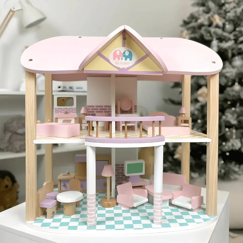Blue wooden dollhouse with furniture for children