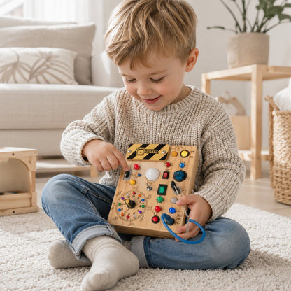 Busy board featuring 24 LED lights switches and buttons for toddlers