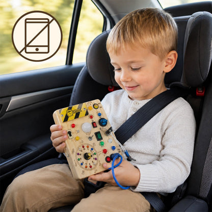 Back side of busy board with ABC letters and numbers learning activities