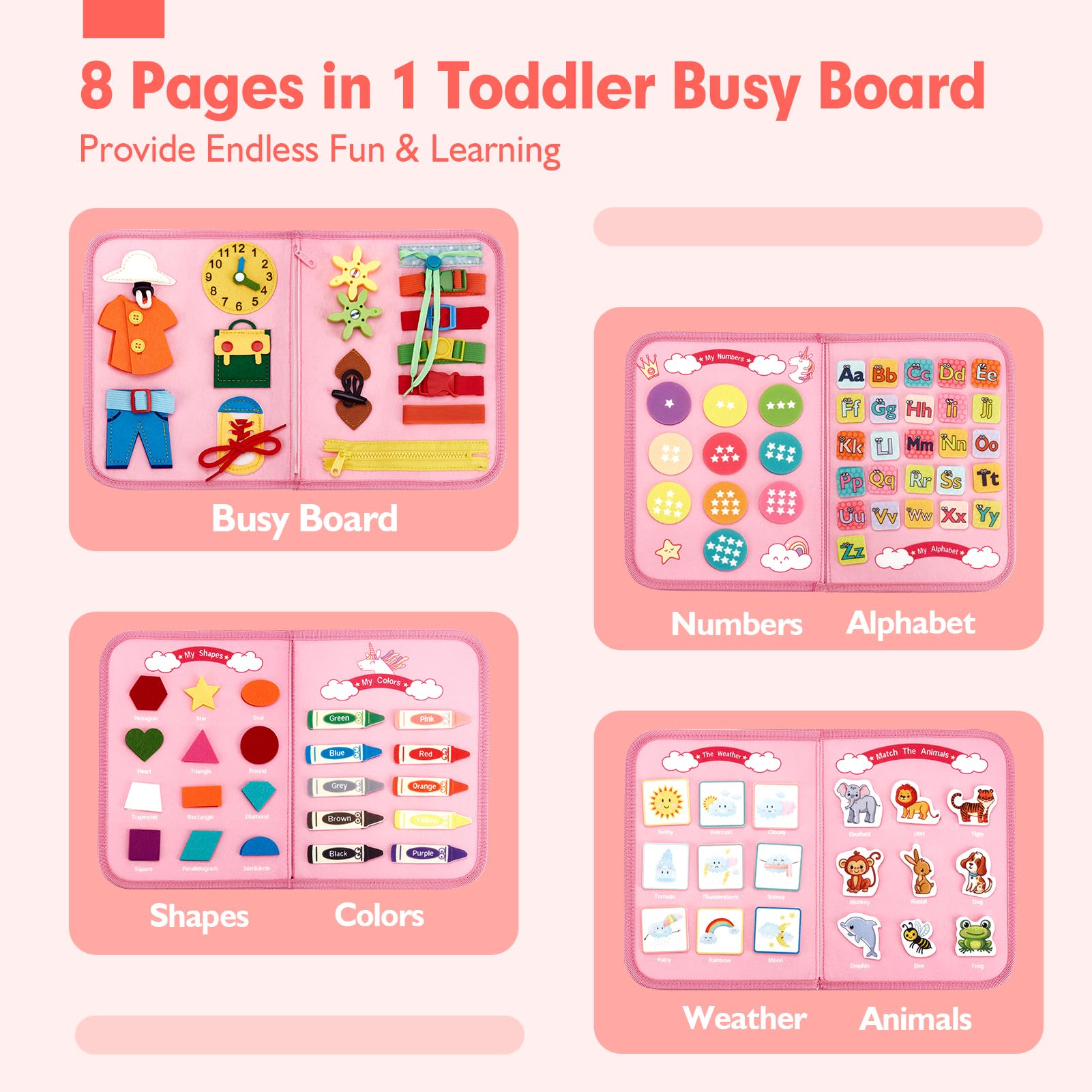 Toddler busy board with zipper button buckle life skills activities