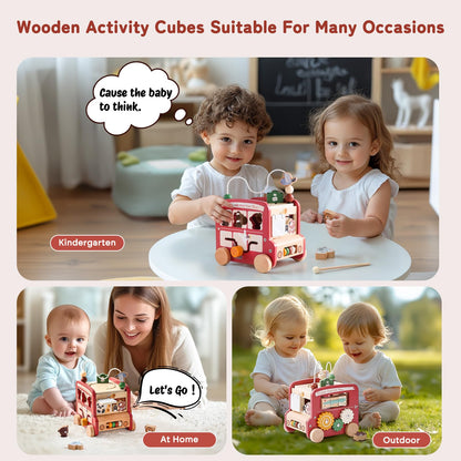 Wooden activity cube featuring 8 educational activities for toddlers