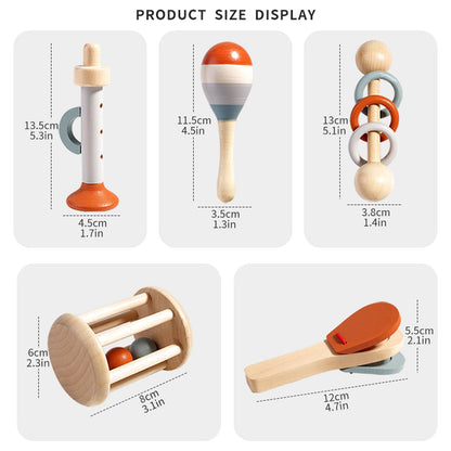 Child exploring different sounds with wooden musical instruments