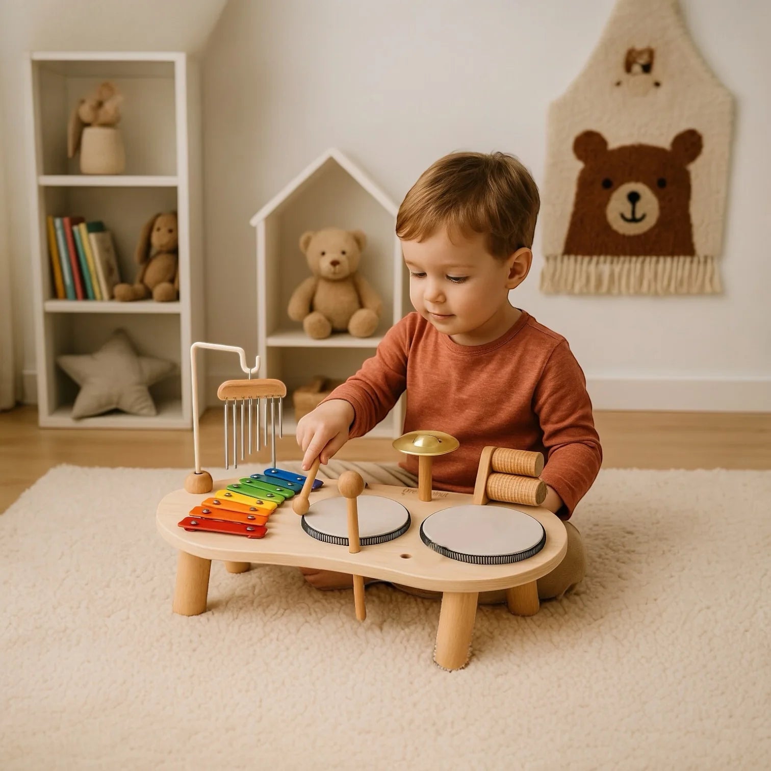 Child exploring rhythm with wooden xylophone music toy