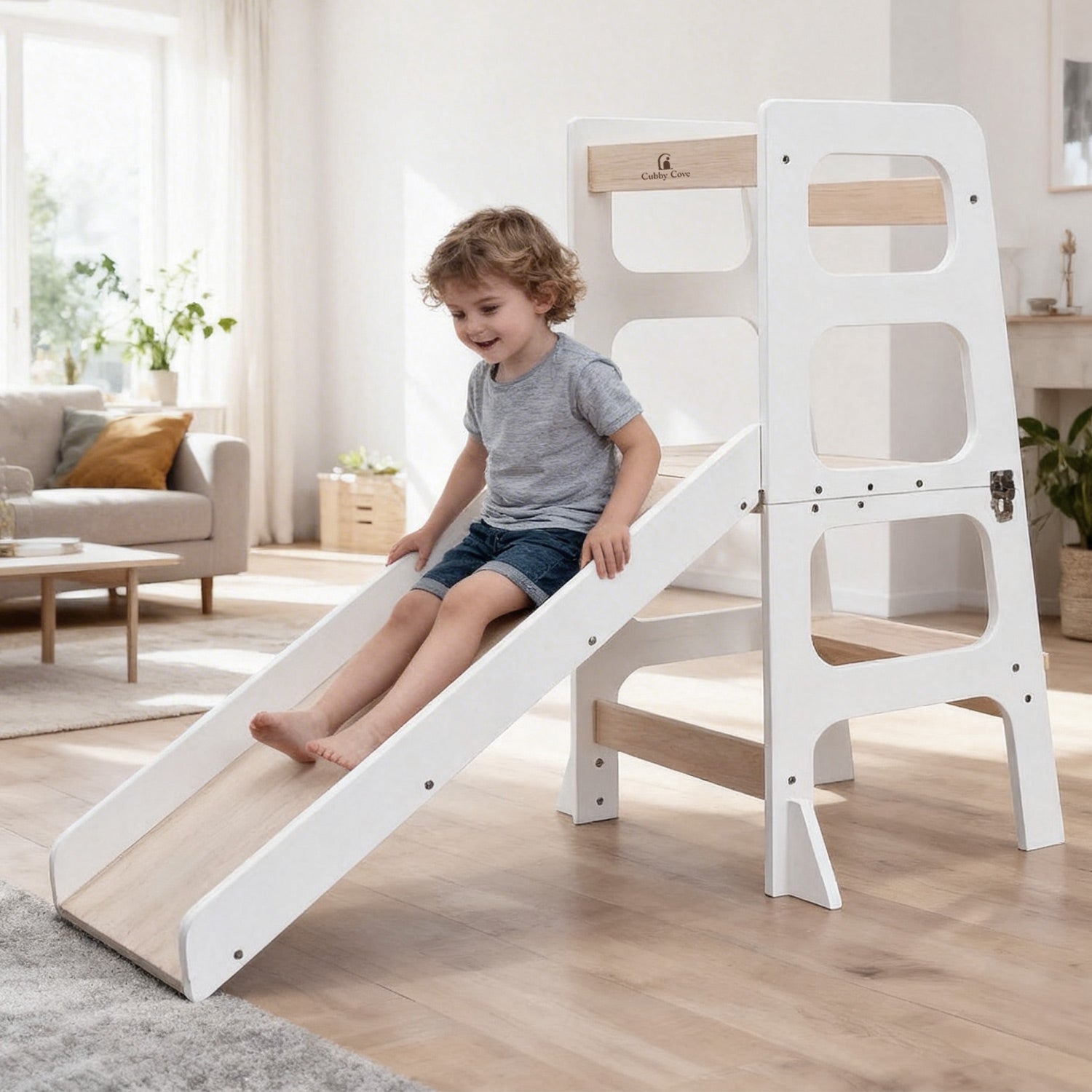Child step tower for counter height access during cooking, baking, and hand washing