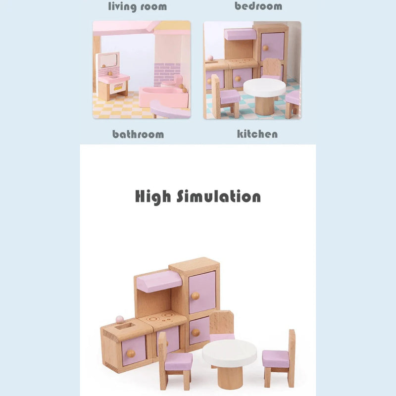 Child playing creative role play with wooden dollhouse