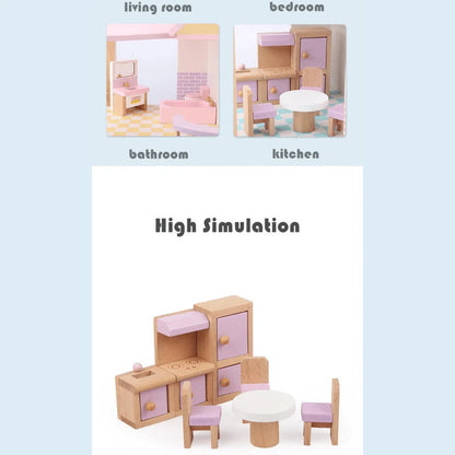 Child playing creative role play with wooden dollhouse