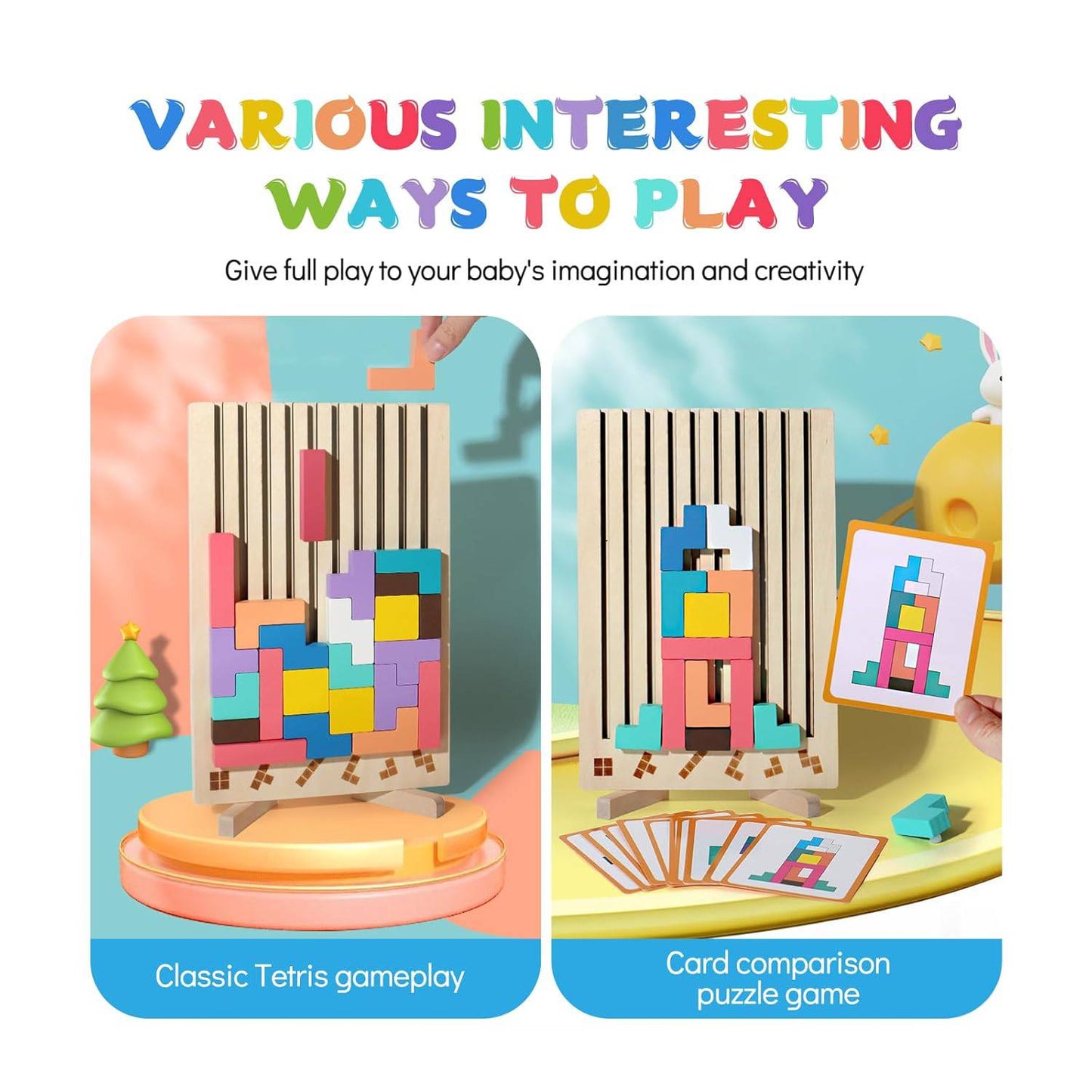 Colorful wooden block puzzle game for creative kids play