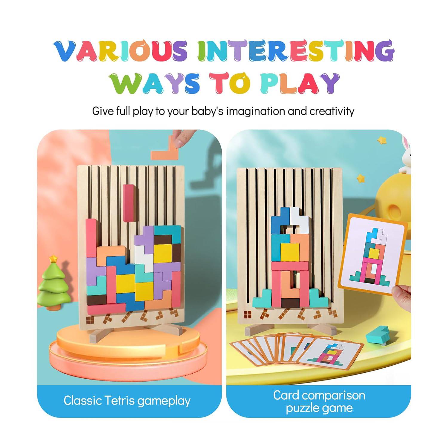 Colorful wooden block puzzle game for creative kids play