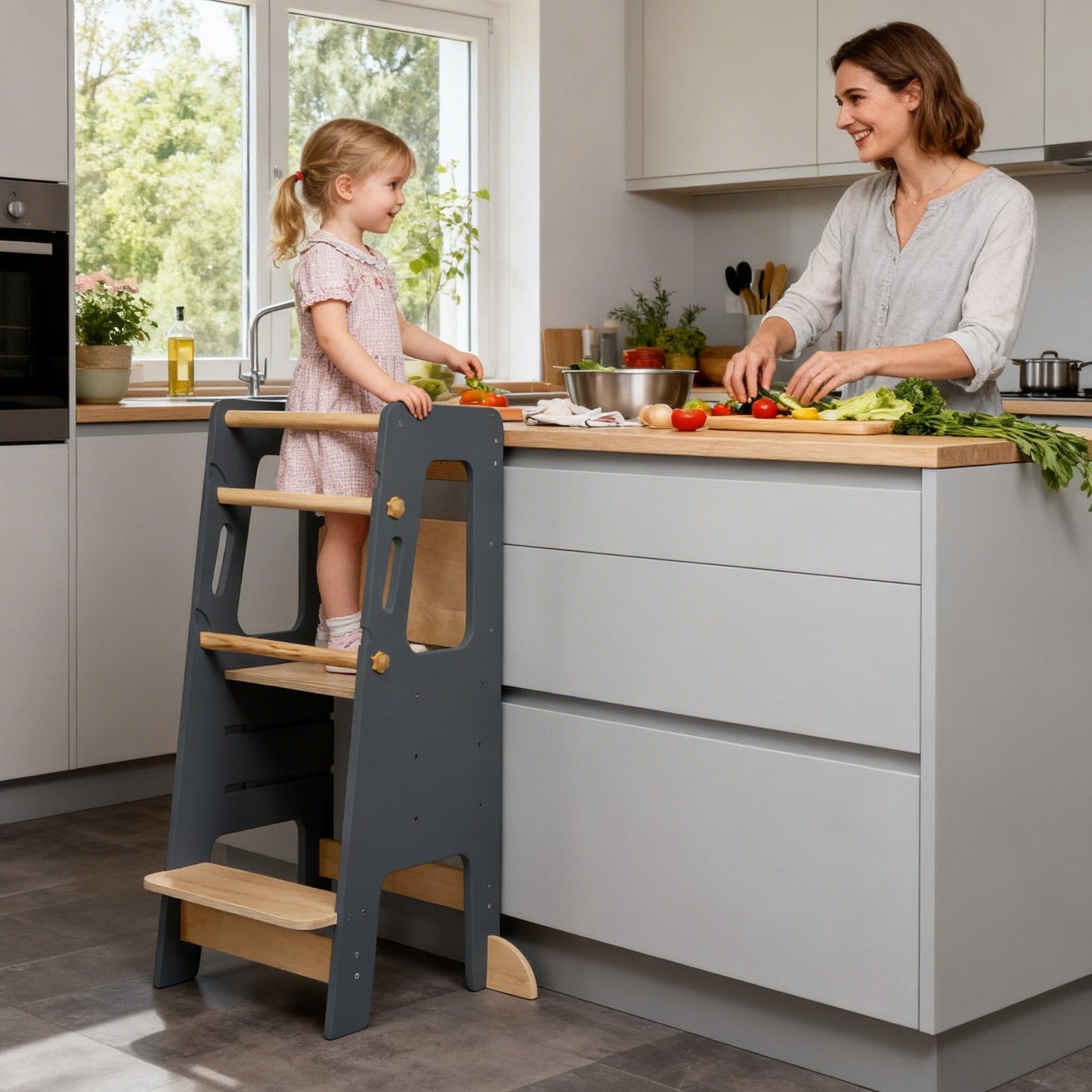 Convertible learning tower for growing kids supporting everyday independence