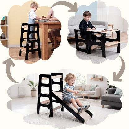 Convertible learning tower for toddlers with table and slide modes for everyday play