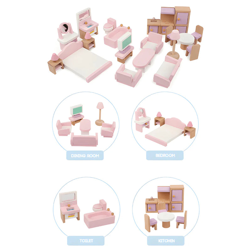 Mini bedroom furniture inside wooden dollhouse