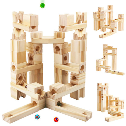 Family enjoying creative marble run building together