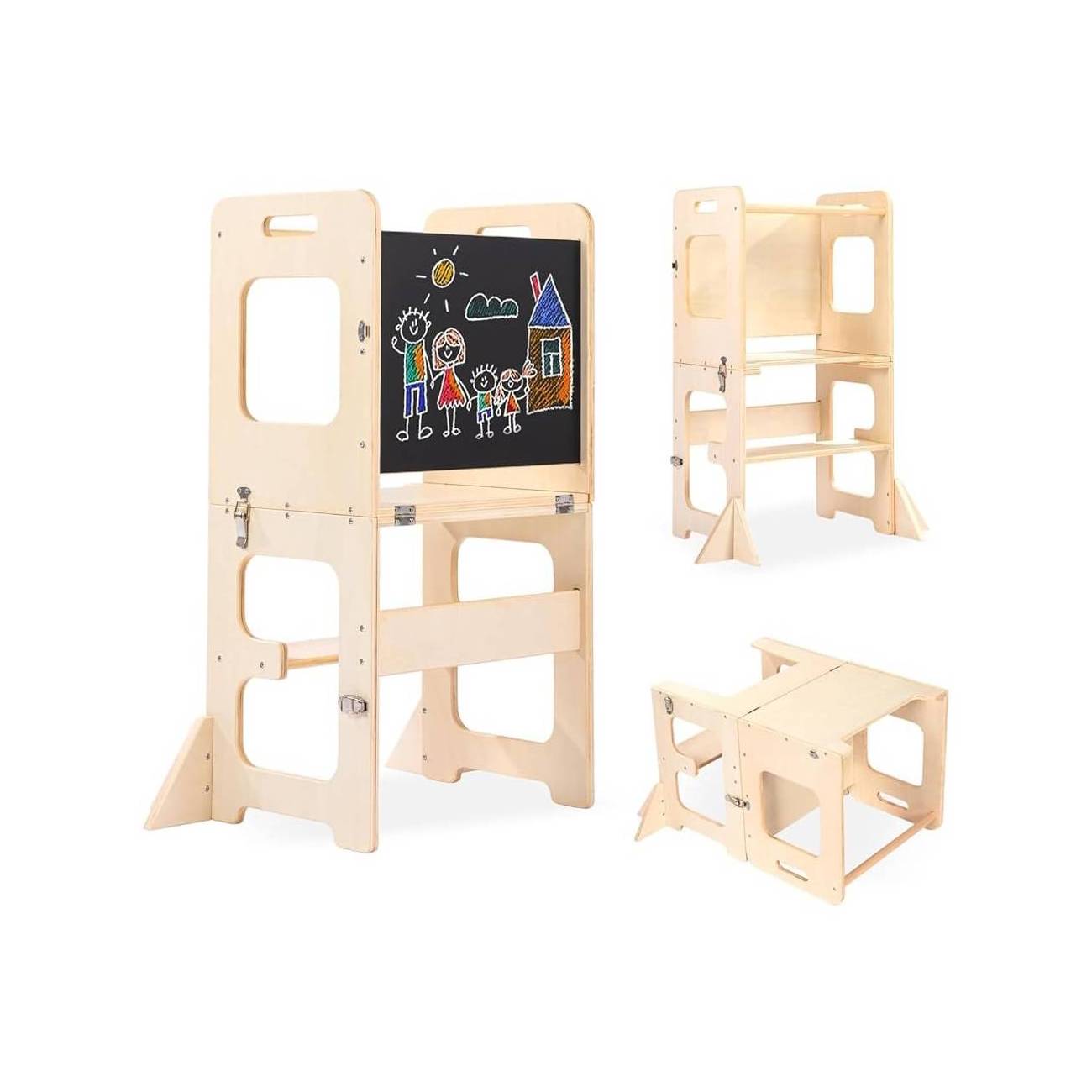 3-in-1 Foldable Learning Tower with Chalkboard for kids and family play, image 1
