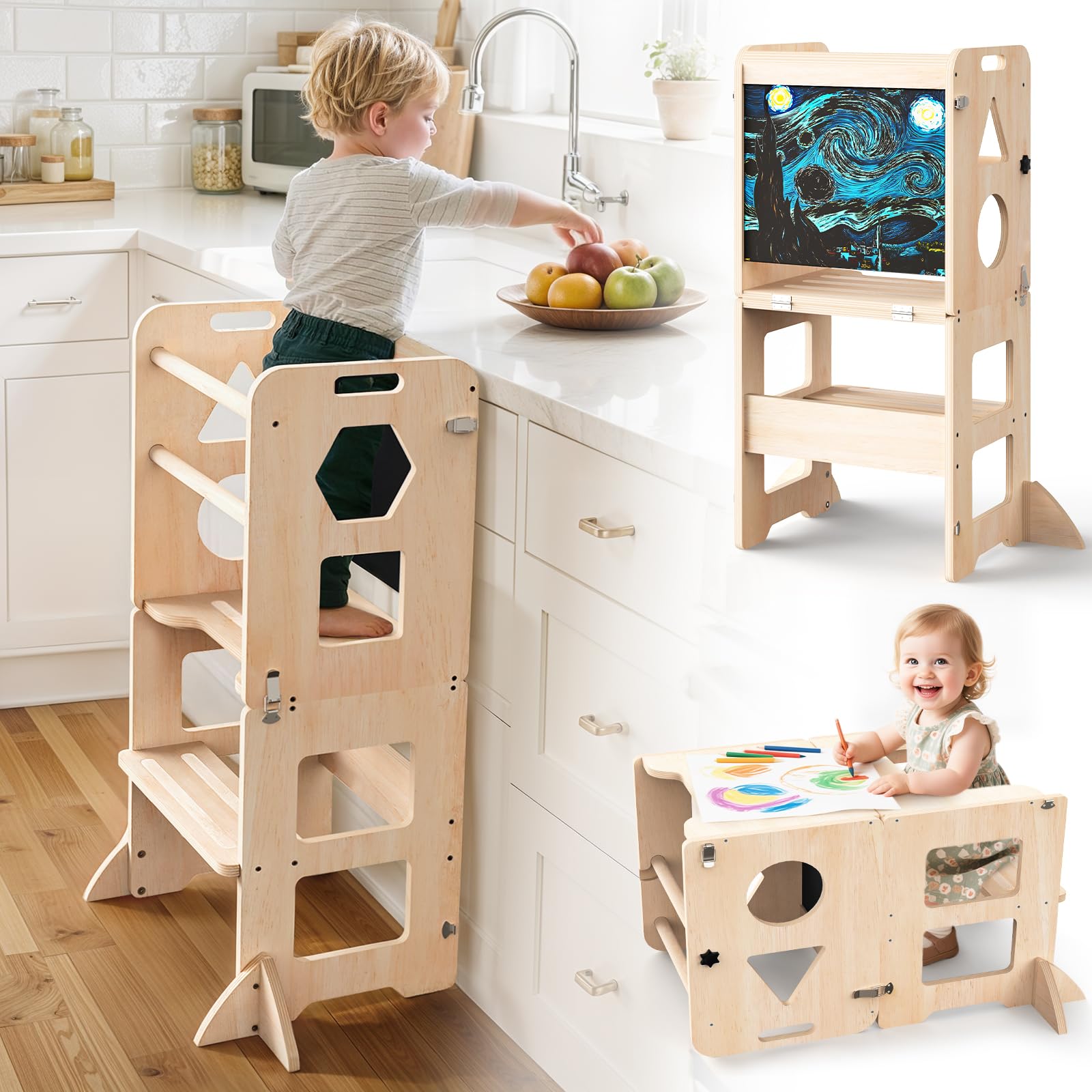 3-in-1 Foldable Learning Tower with Chalkboard for kids and family play, image 2