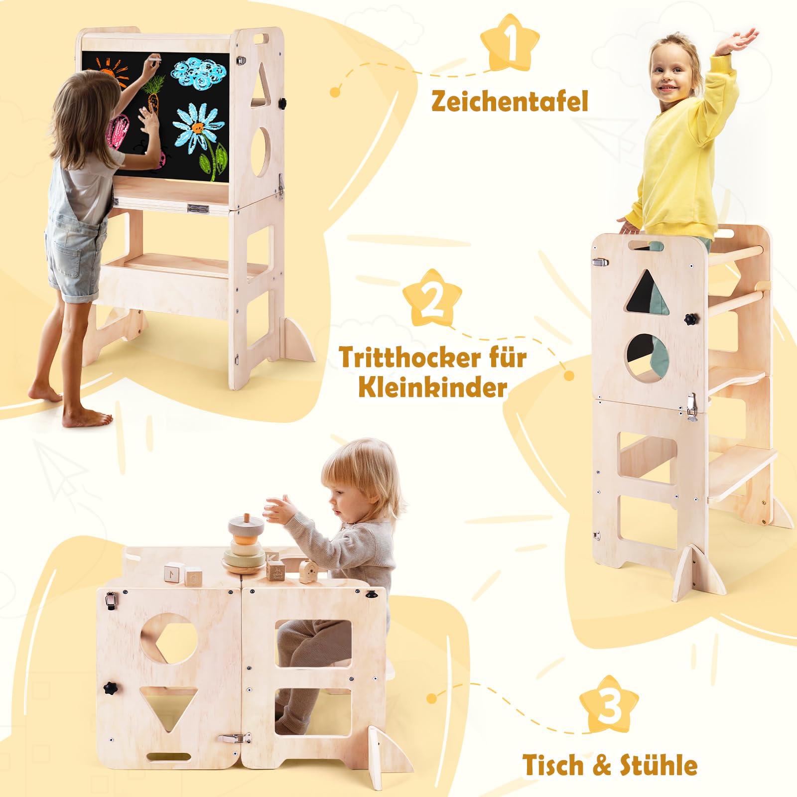 3-in-1 Foldable Learning Tower with Chalkboard for kids and family play, image 4