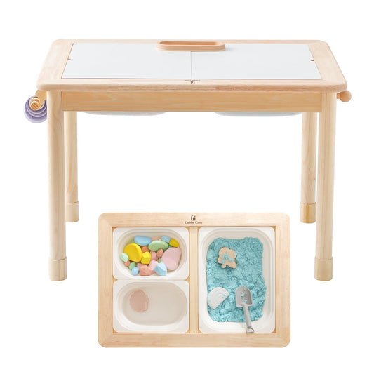 Wooden Montessori sensory table for toddlers with adjustable height design
