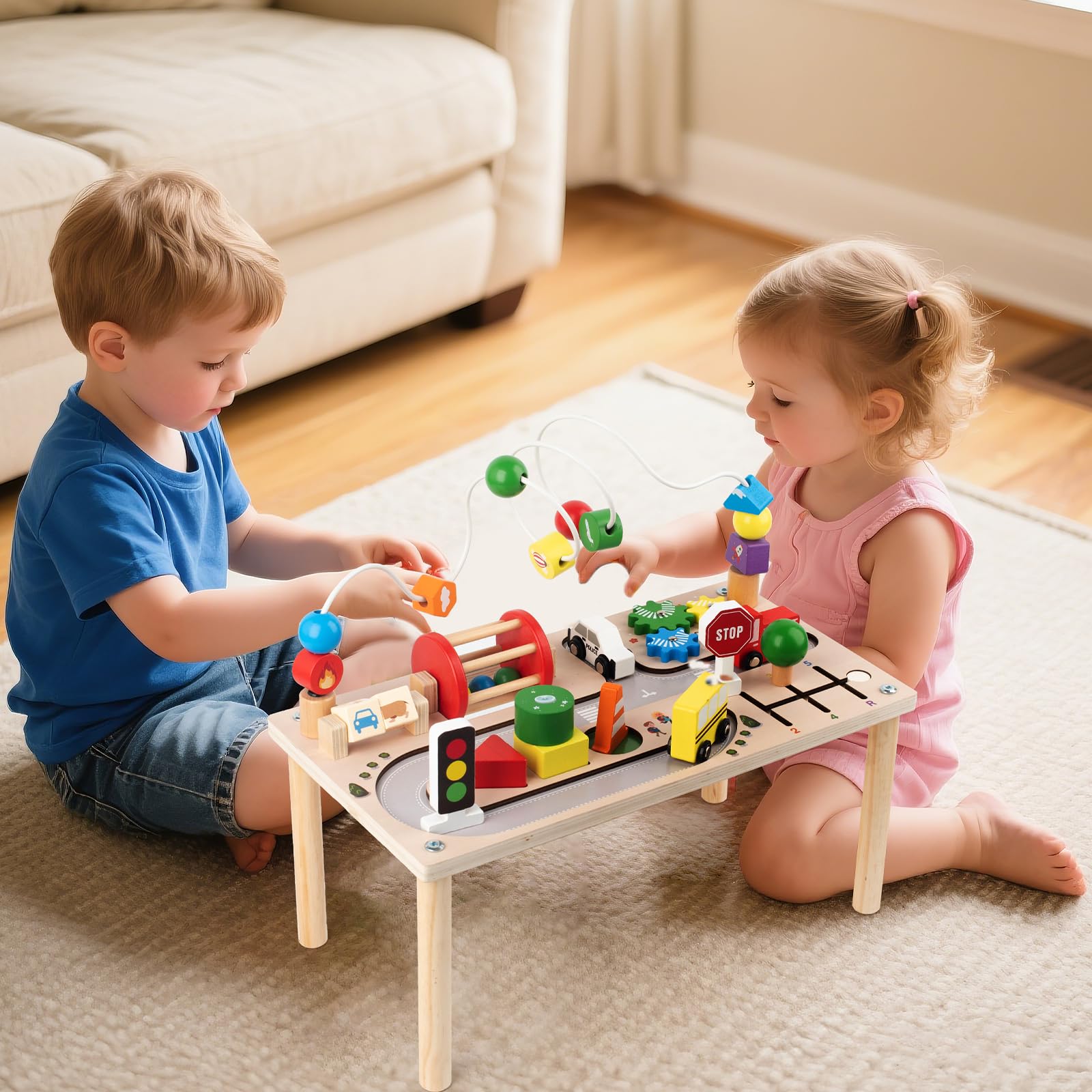 Vehicle themed activity table with buses and traffic elements
