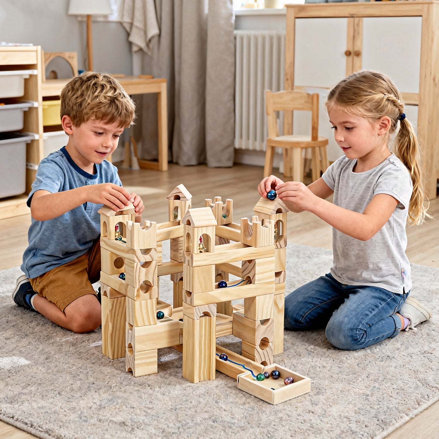 Kids building marble track using wooden construction pieces