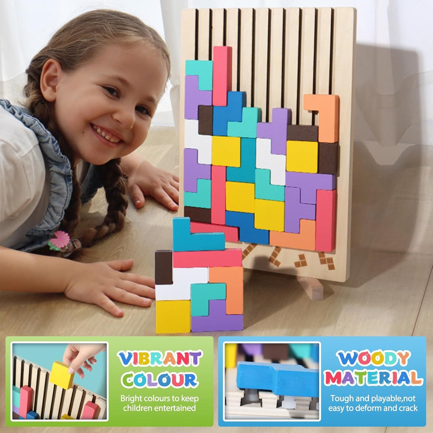 Children building shapes with colorful wooden puzzle blocks