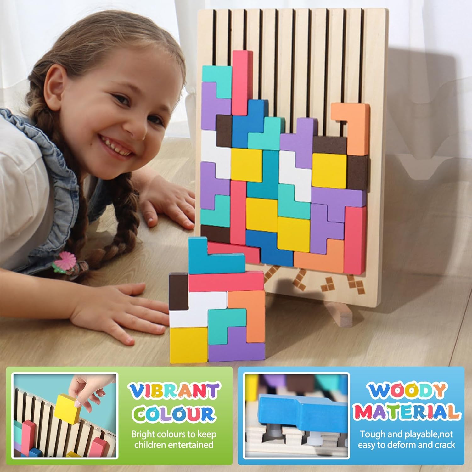 Children building shapes with colorful wooden puzzle blocks