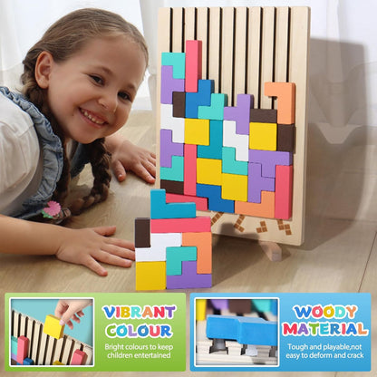 Children building shapes with colorful wooden puzzle blocks