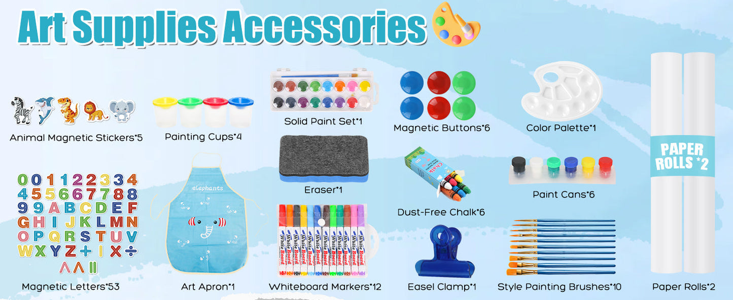 Complete kids easel accessories set with markers and paints