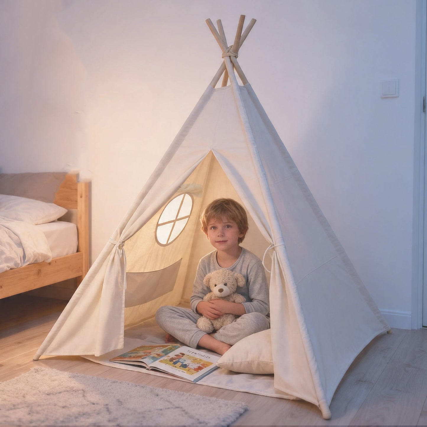 Kids reading tent with built-in storage pockets for books and small toys