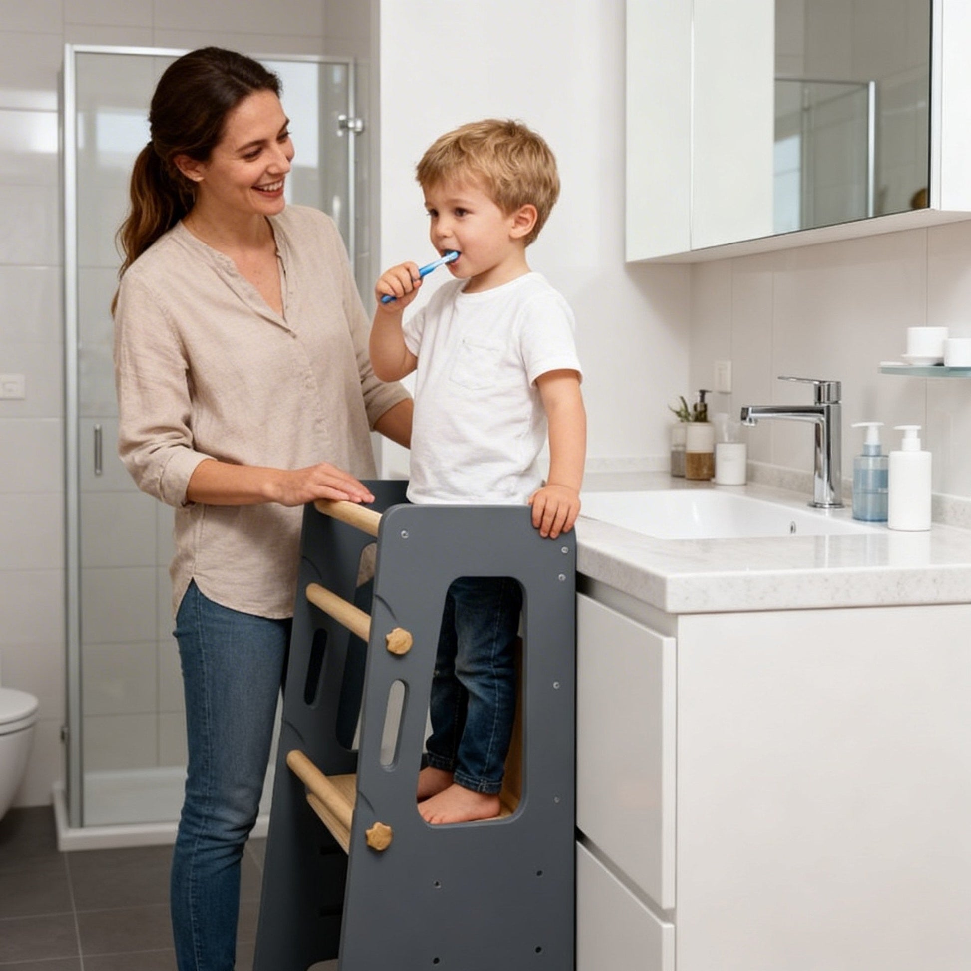 Kids standing tower helping children wash hands cook and explore independently
