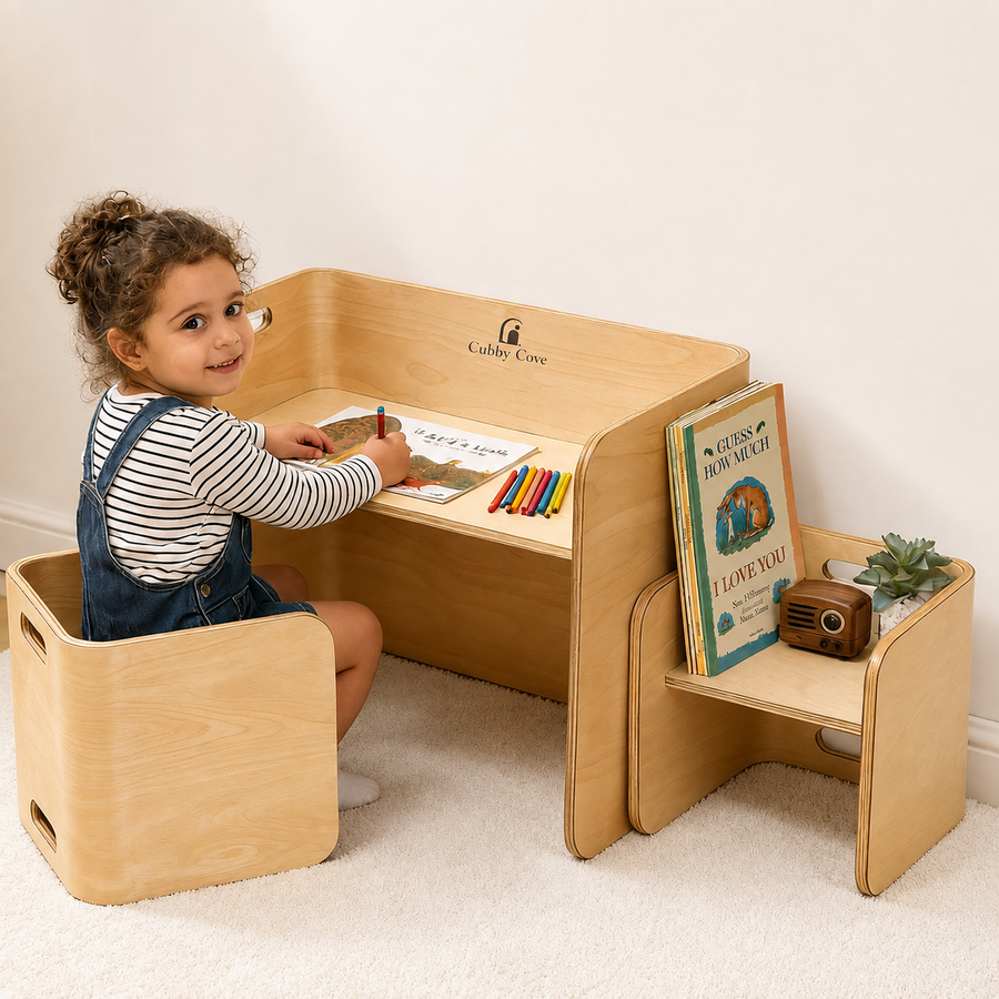 Wooden kids table and chairs for drawing, reading and play in a child’s room