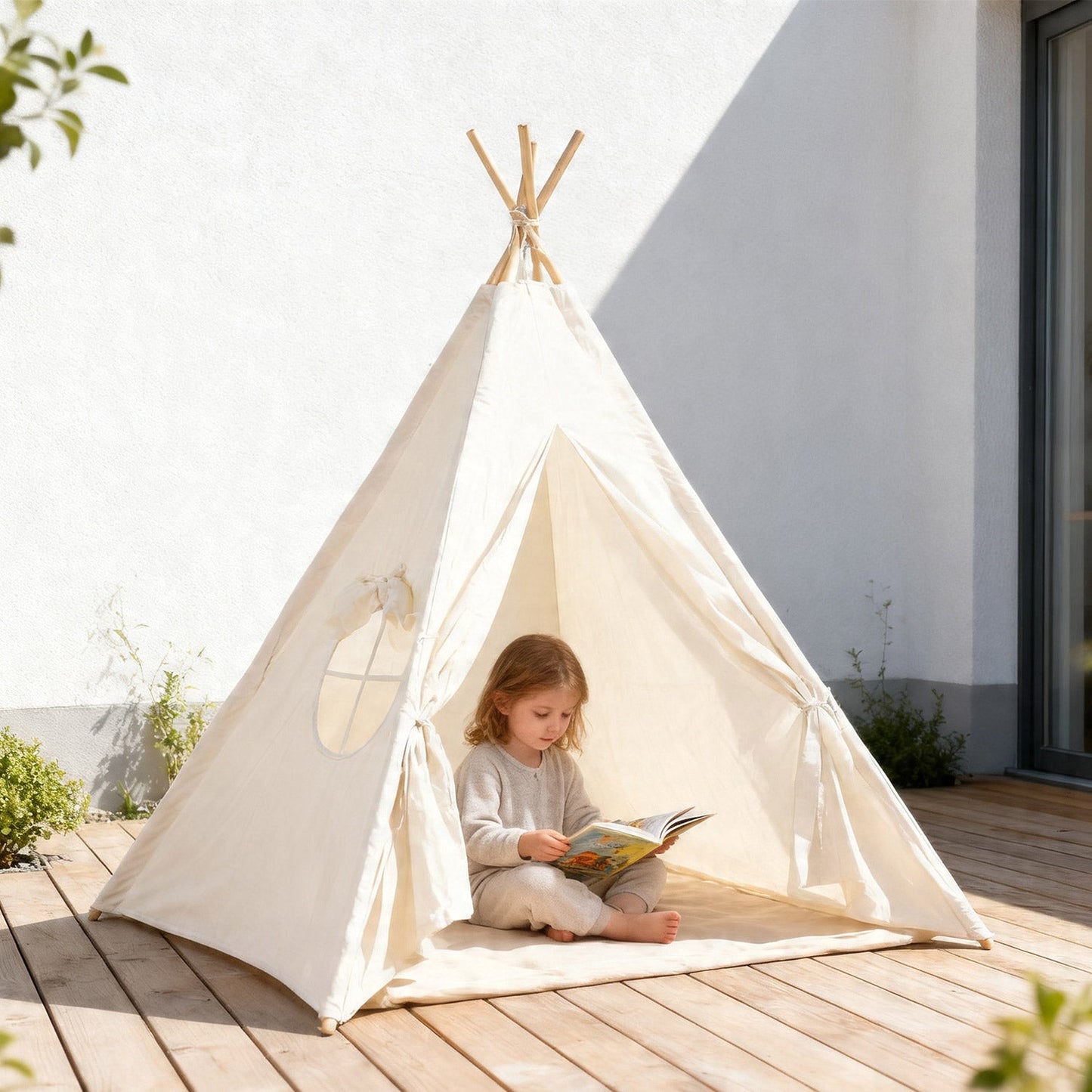 Neutral kids teepee tent with natural design for modern nursery and playroom decor