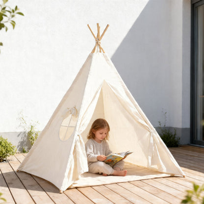 Neutral kids teepee tent with natural design for modern nursery and playroom decor