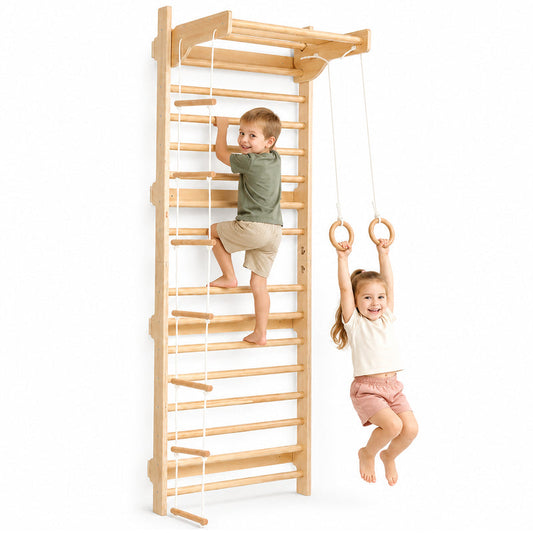 Wooden indoor climbing gym for kids with Swedish ladder and gymnastics rings