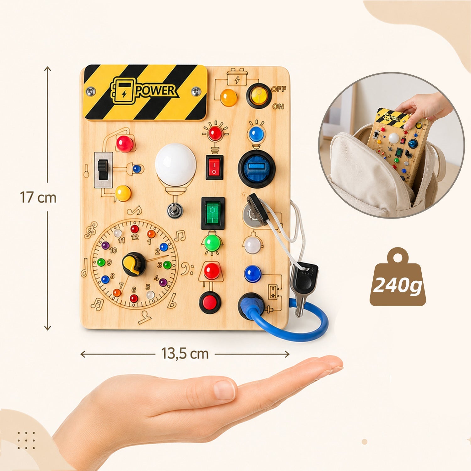 Lightweight toddler busy board that fits easily into a backpack