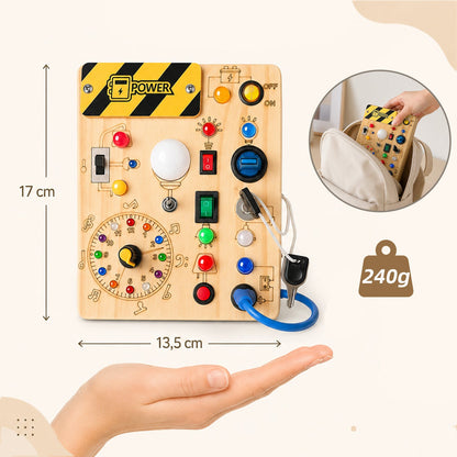 Lightweight toddler busy board that fits easily into a backpack