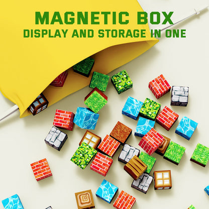 Kids building landscapes with pixel magnetic blocks