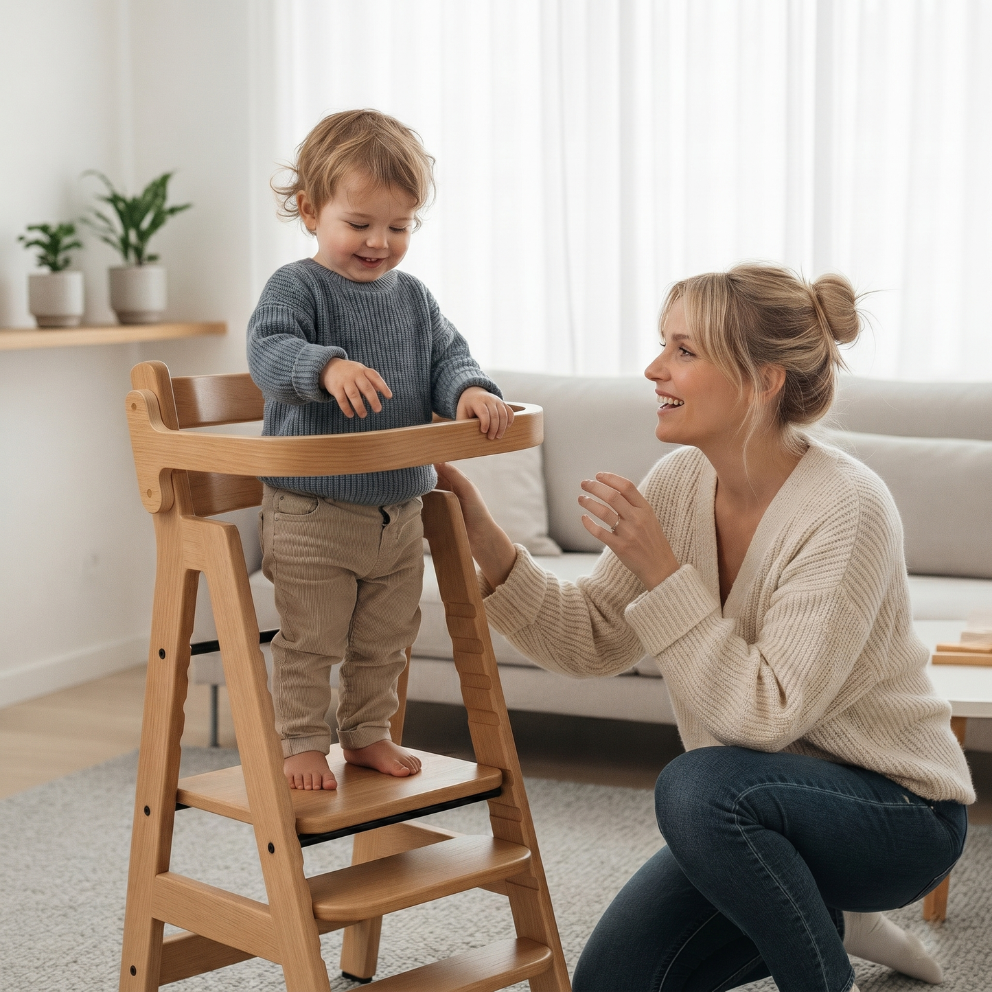 Modern wooden high chair designed for family dining and everyday meals