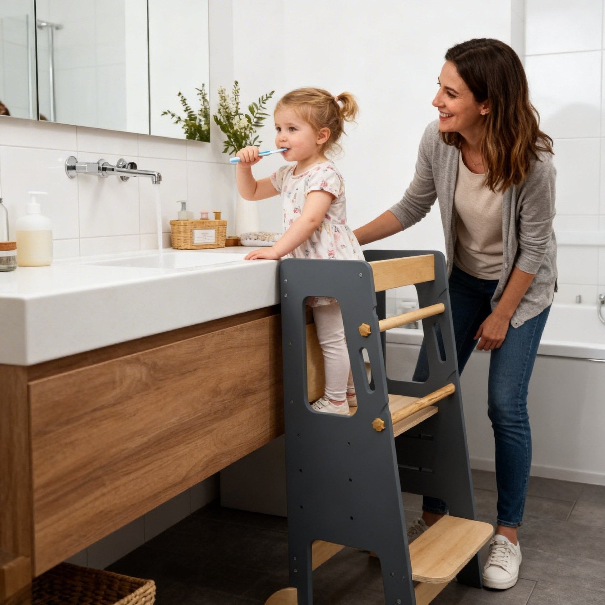 Modern wooden Montessori stool for child independence at home