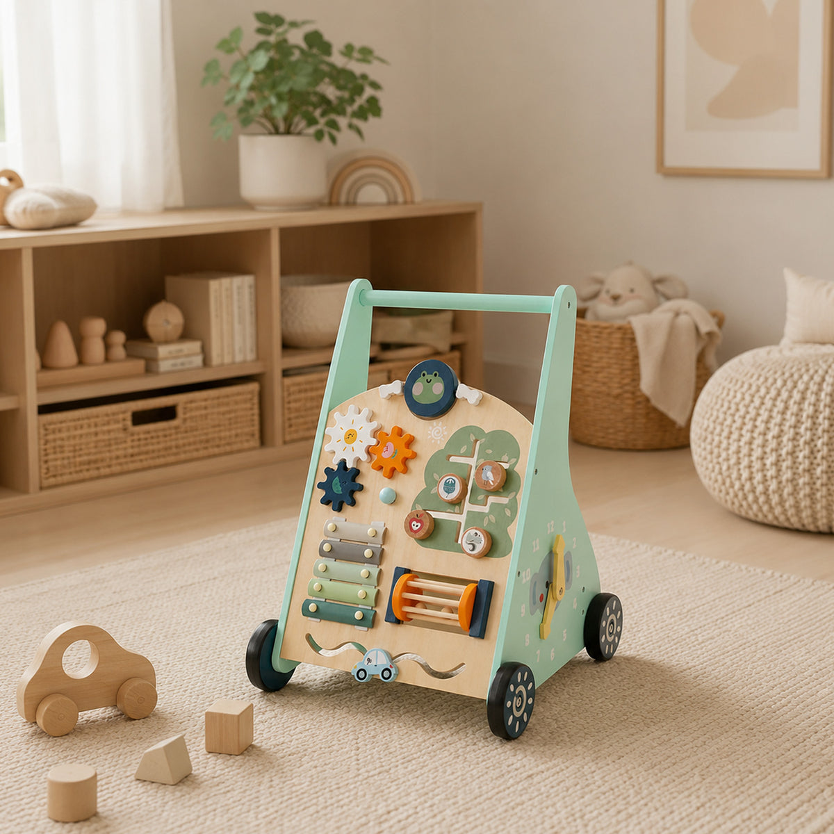 Montessori-inspired wooden activity center for curious toddlers